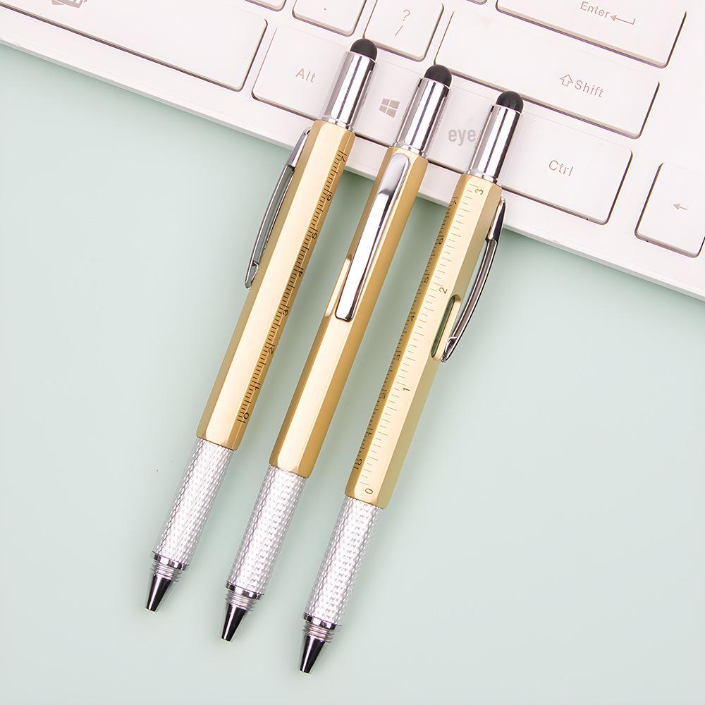 "Promotional Multi-Function Ballpoint Pen with Touch Screen Stylus, Metal Scale, and Screwdriver Tool"