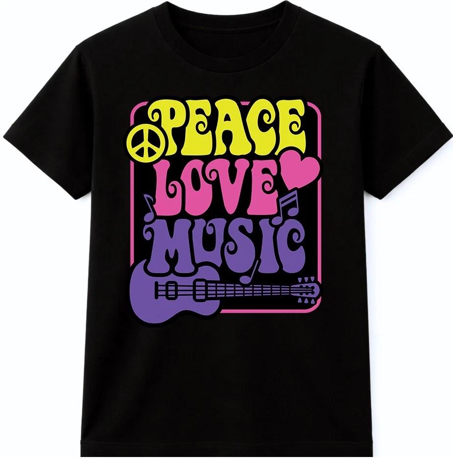 Peace Love Music T-Shirt Retro Guitar Graphic Hippie Style Tee XXXXL