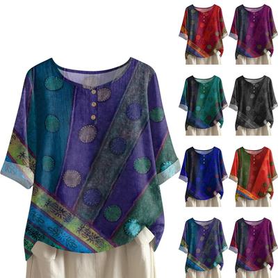Camicia alla moda e casual da donna a maniche corte con scollo rotondo e stampa, blusa top in cotone e lino