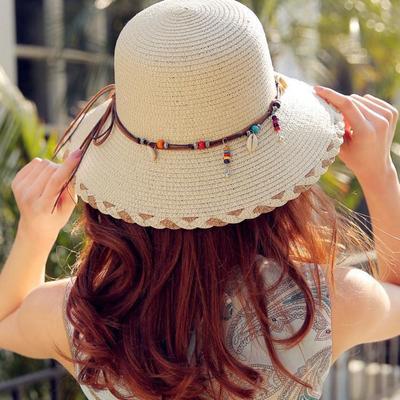 Spring Summer Bohemian Beaded Strap Straw Hat Western Country Style Women's Sun Hat  Girls