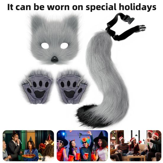 Faux Fur Cat Fox Maque Tail And Paw Gloves Set Handmade Furry Animal Therian Kit Masquerade Halloween Party Cosplay Costume Accessory