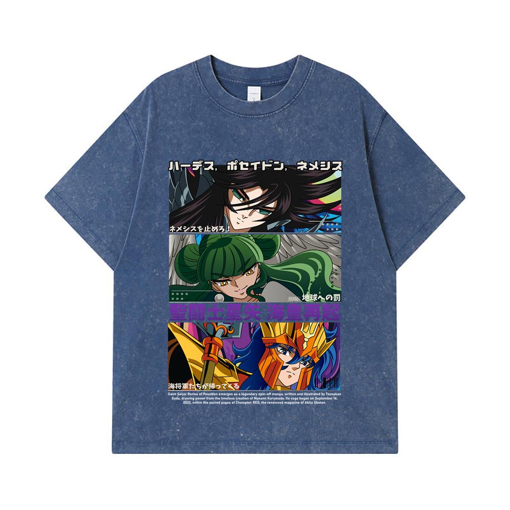 275 GSM Washed T-shirts 100% Cotton Saint Seiya V3 Rerise of Poseidon Print Unisex Heavy Cotton T Shirt