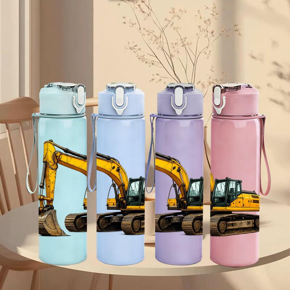 1PC Yellow Excavator Machinery 750ml Color Plastic Sports Water Bottle Leakproof Flip Straw Lid Suitable for Sports Office Home Use