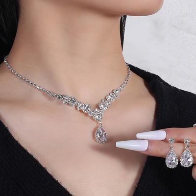Lujoso Collar con Colgante de Zircón en Forma de Lágrima Juego de Pendientes Collares Elegantes Exquisitos Mujeres Novia Dama de Honor Joyería para Boda