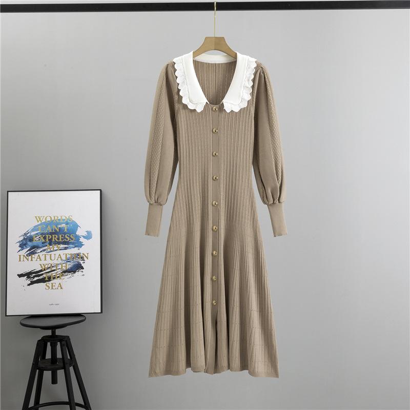 Spring and Autumn Women's Gentle Doll Collar Knitted Dress Plus Size Temperament High Waist Skinny Medium Long Dress
