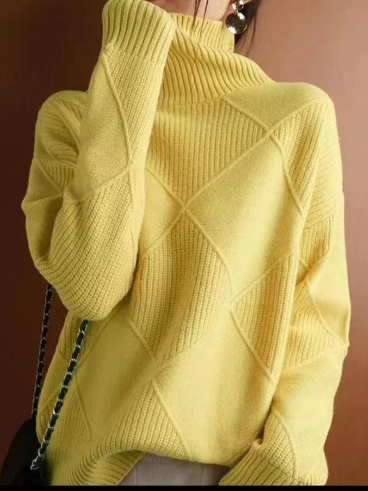 New In Autumn Winter Women Turtleneck Sweaters Full Sleeve Pullovers Spliced Thick Sweater Lozenge Elegant Lady Solid Outwear