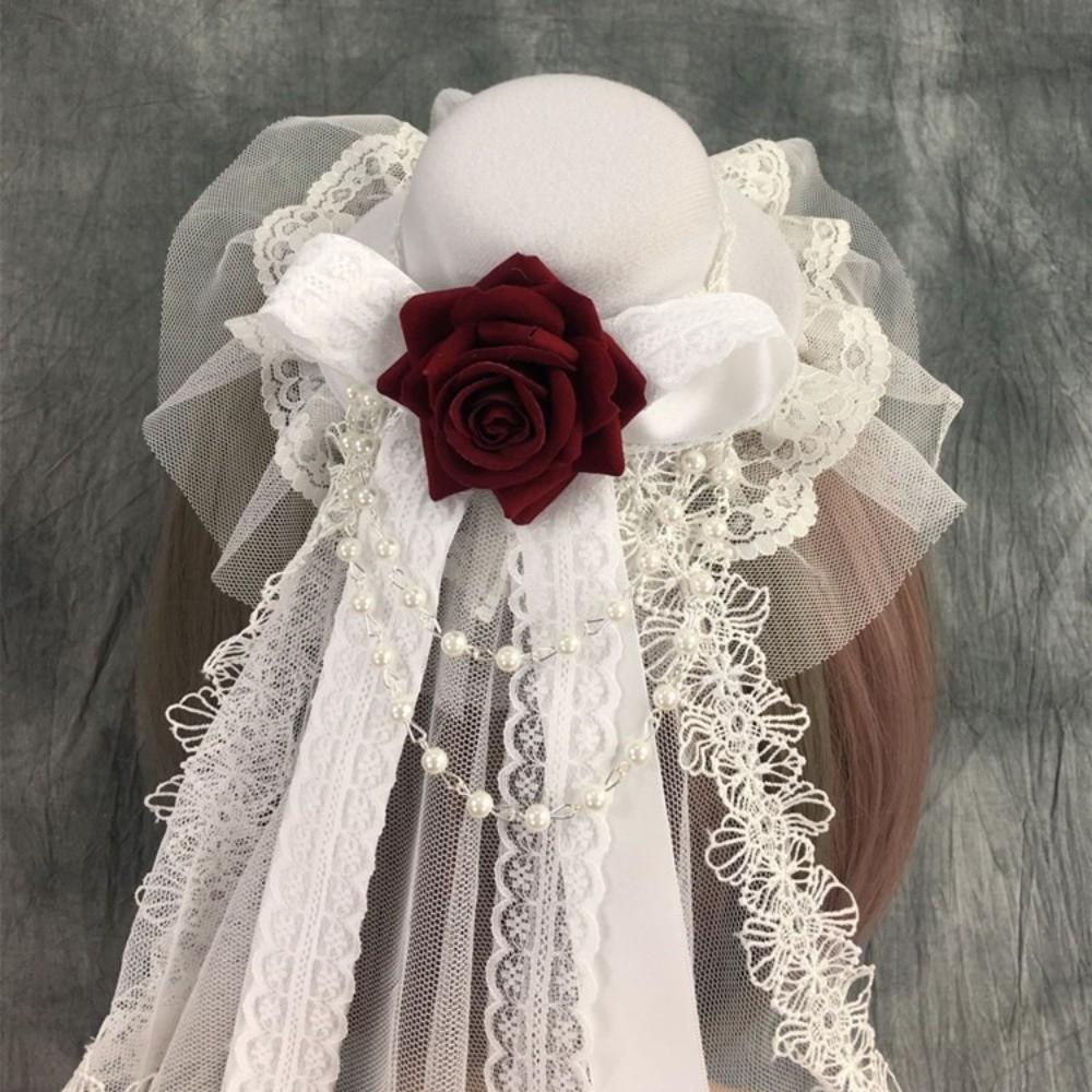 Pălărie Lolita Neagră sau Albă, cu Flori, Decor cu Fundă, Elegantă, Pălărie Înaltă, Voal Gotic, Pălărie Înaltă cu Trandafir, Bărbați