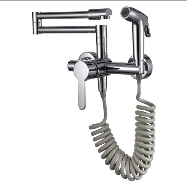 Tuqiu Fodable Kitchen Faucets Solid Brass Kitchen Sink Mixer Tap Hot & Cold Wall Mounted With Spray Gun Rotating Sink Mixer