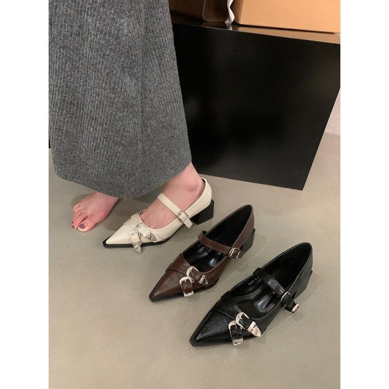 Thick heel retro black pointed single shoes women's shoes 2025 new autumn and winter French Mary Jane evening small leather shoes