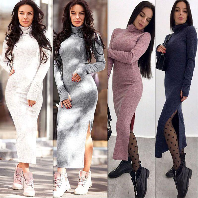 Luxurious Autumn And Winter Women's High Collar Sweater Dress In Solid Color