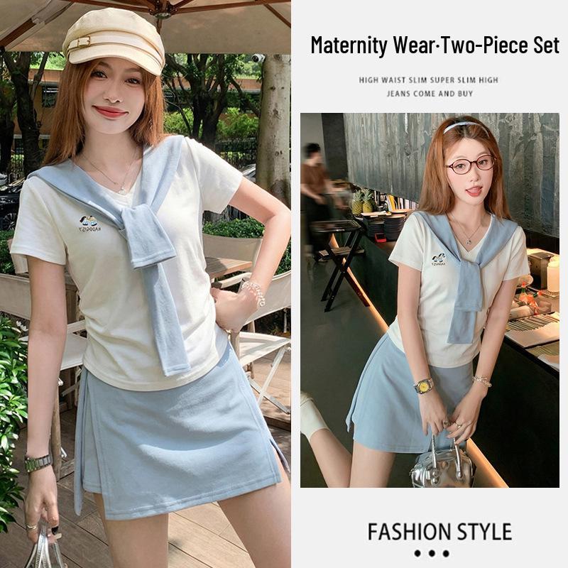 2026 Summer Korean Style Maternity Three-Piece Set: Horse Embroidery Short Sleeve, Skirt & Shawl Medium