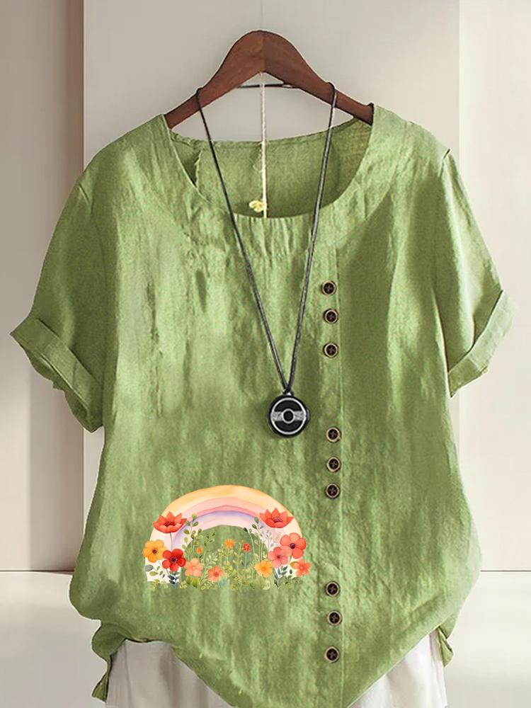 

Women s Fashion Rainbow Flower Clusters Printing Round Neck Short Sleeve T-shirt Casual Cotton Linen Graphic Shirt Leisure Loose Summer Blouse Tops 5XL зелений