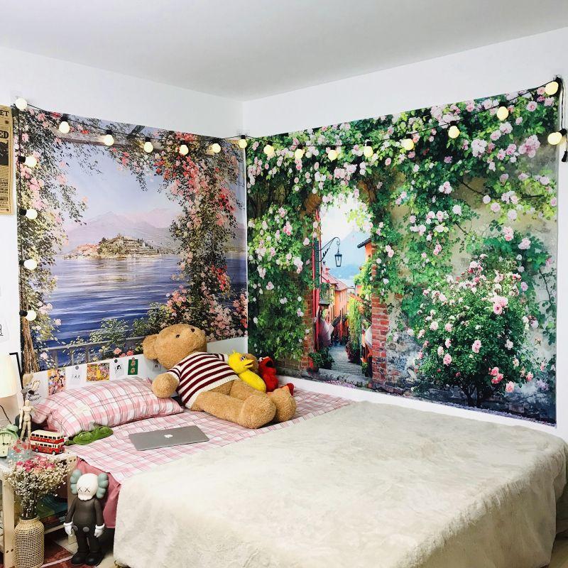 Vintage Garden Floral Landscape Tapestry, Cottagecore Aesthetic Wall Hanging, Bedroom Living Room Dorm Decor