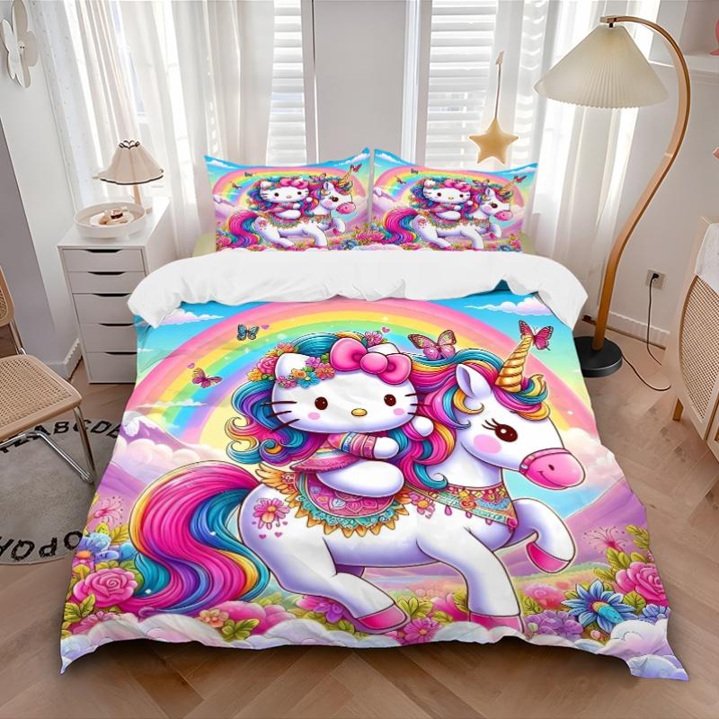 3pcs Hello Kitty As a Rainbow Unicorn Pattern Bedding Set, 1* Cover + 2*Pillowcases, Printed Bedding Set, Soft and Comfortable, Suitable for