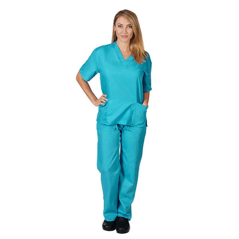 European and American Style Solid Color V-Neck Nursing Uniform Set for Women - Protective Two-Piece with Pockets