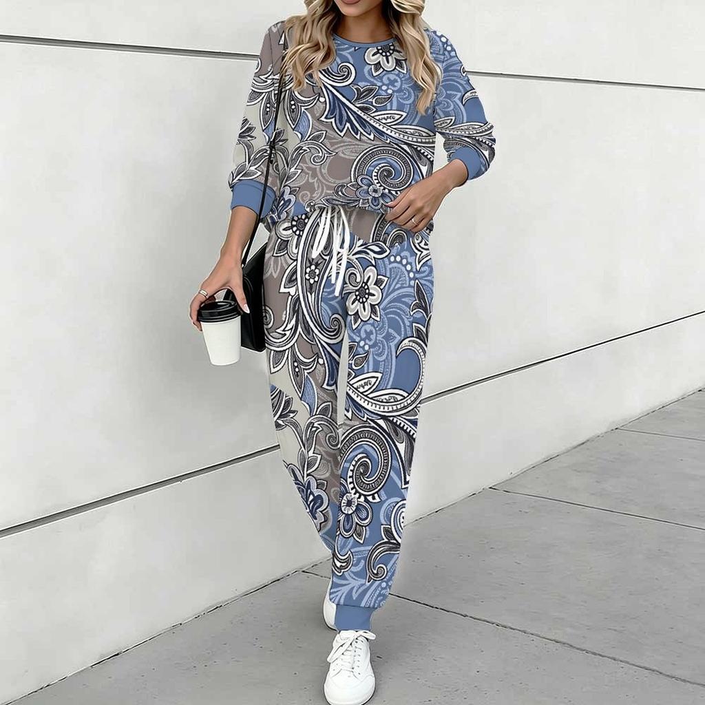 Women Geometric Pattern Print Two Piece Outfit, Long Sleeve Crew Neck Top & Drawstring Jogger Pants Casual Tracksuit for Spring Autumn