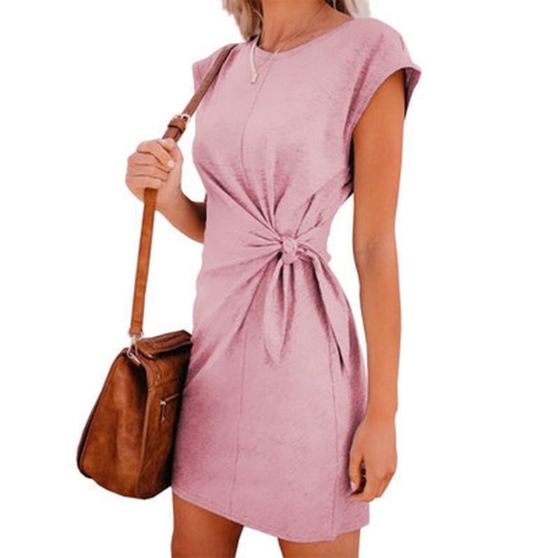 9675 Women Clothing European Style Round Neck Lace Up Loose Fit Short Sleeve Maxi Dress XXXL розовый