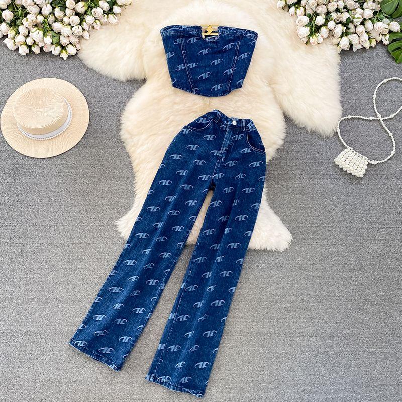 

American Retro Denim Casual Straight-Leg Fashion Suit Blue S