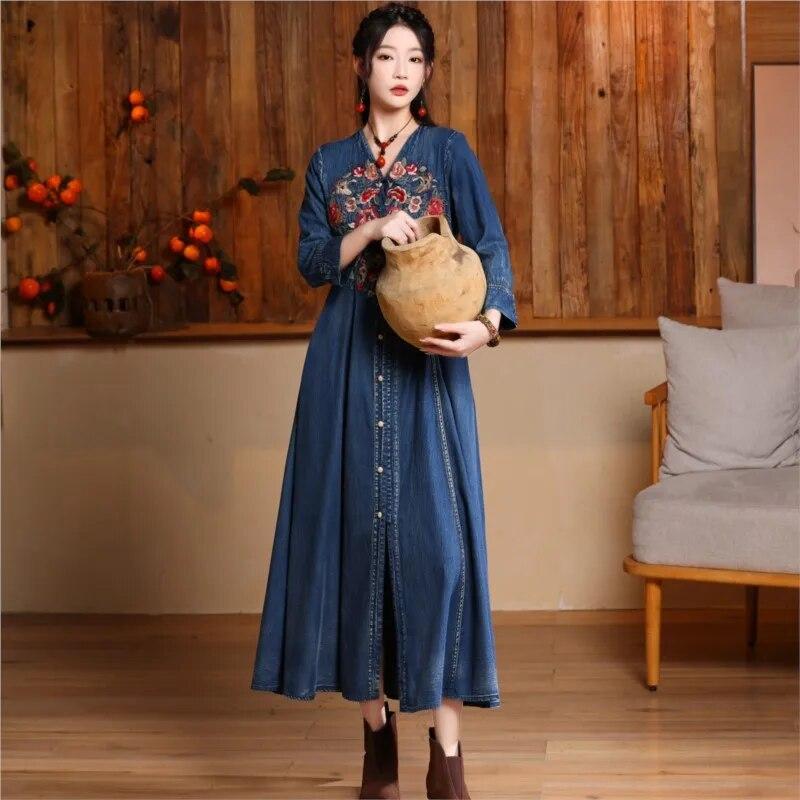 Johnature Woman Spring Pocket Cotton Single Breasted Long Sleeves Dress V-Neck Embroidery Solid Color A-Line Dress