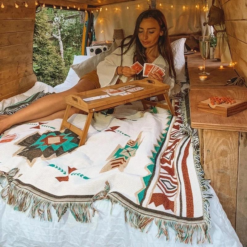 Retro Rutig Vinter Bomull Linne Vävda Linjer Filt Soffhandduk Stickad Förtjockad Värmedyna Mat Bohemisk Boho Pläd Rese Sängöverkast