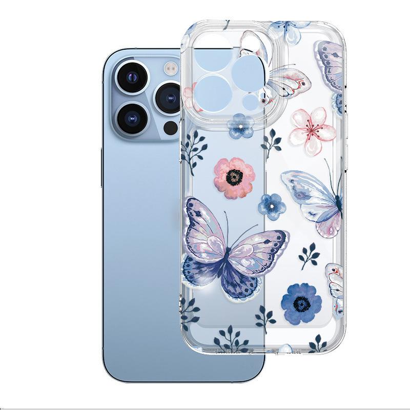 Japanese and Korean ins wind blue butterfly is suitable for Apple 16pm mobile phone case 17 anti-drop transparent iphone15pro girls