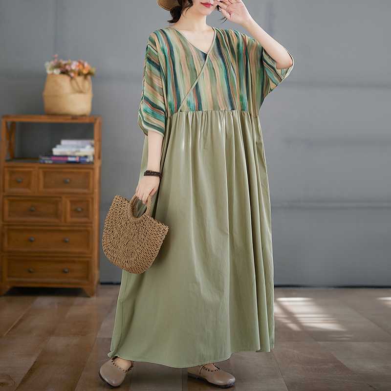 Cotton and Linen Summer Patchwork Retro Style Dress Long Skirt
