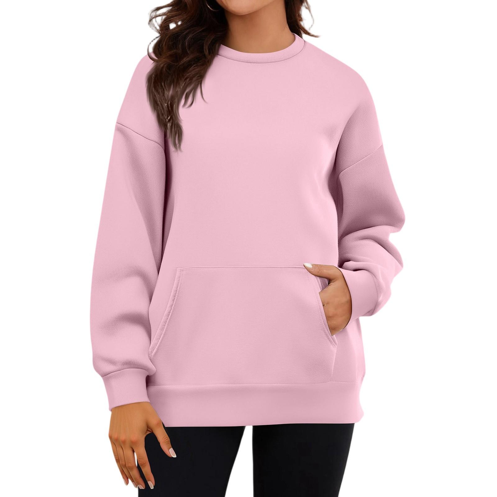 

Women s Casual Fashion Long Sleeve Solid Color Round Neck Sweatshirt Top With Pockets XL розовый