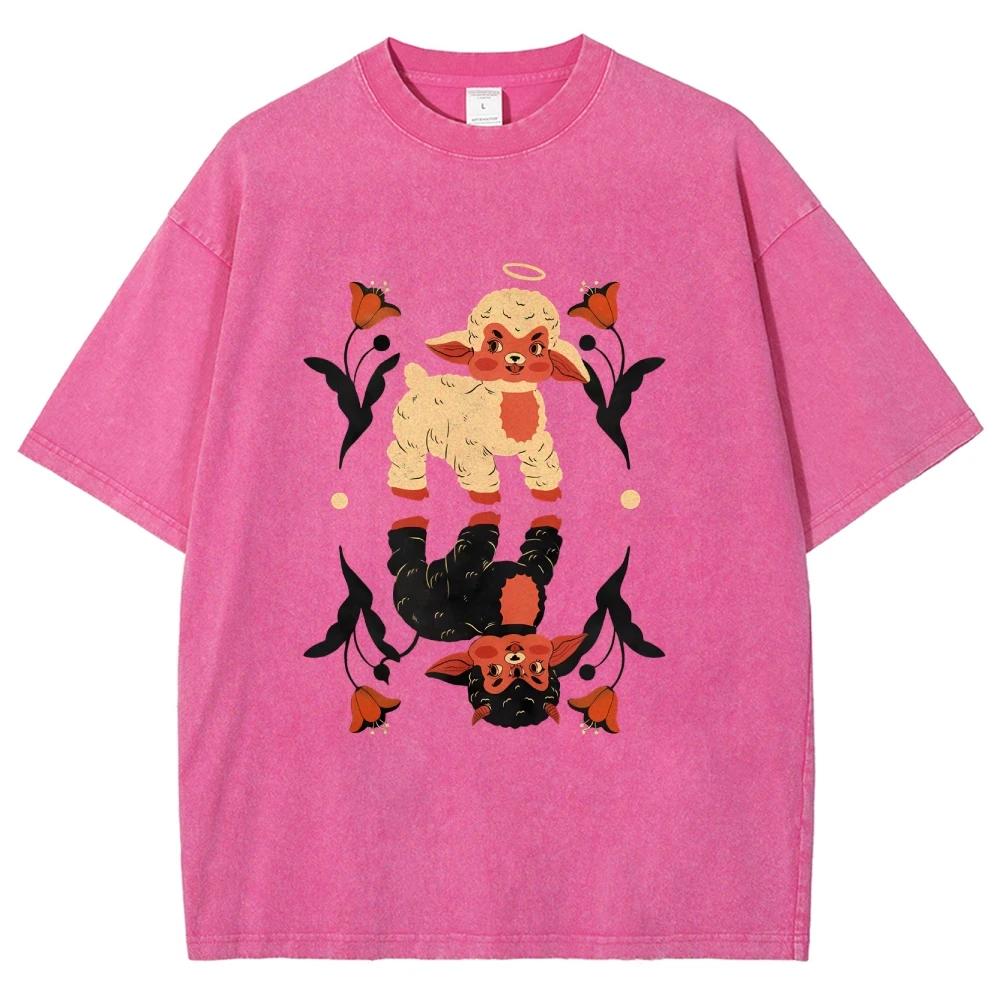 Cool Angel Demon Sheep T Shirts Unisex Washed Tees Men Women Short Sleeve T-shirts Cotton Streetwear T Shirts