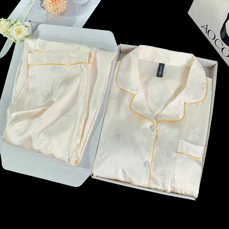 Women's Ice Silk Pajama Set: Built-in Bra, Silver Cinnamon Dog & Cat Top, Shorts & Long Pants