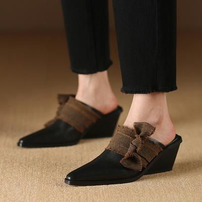 Fashion NEW Summer Women Mules Genuine Leather Shoes for Women Cover Toe Wedges Slippers Bow Knot Pointed Toe Black Women Sandals