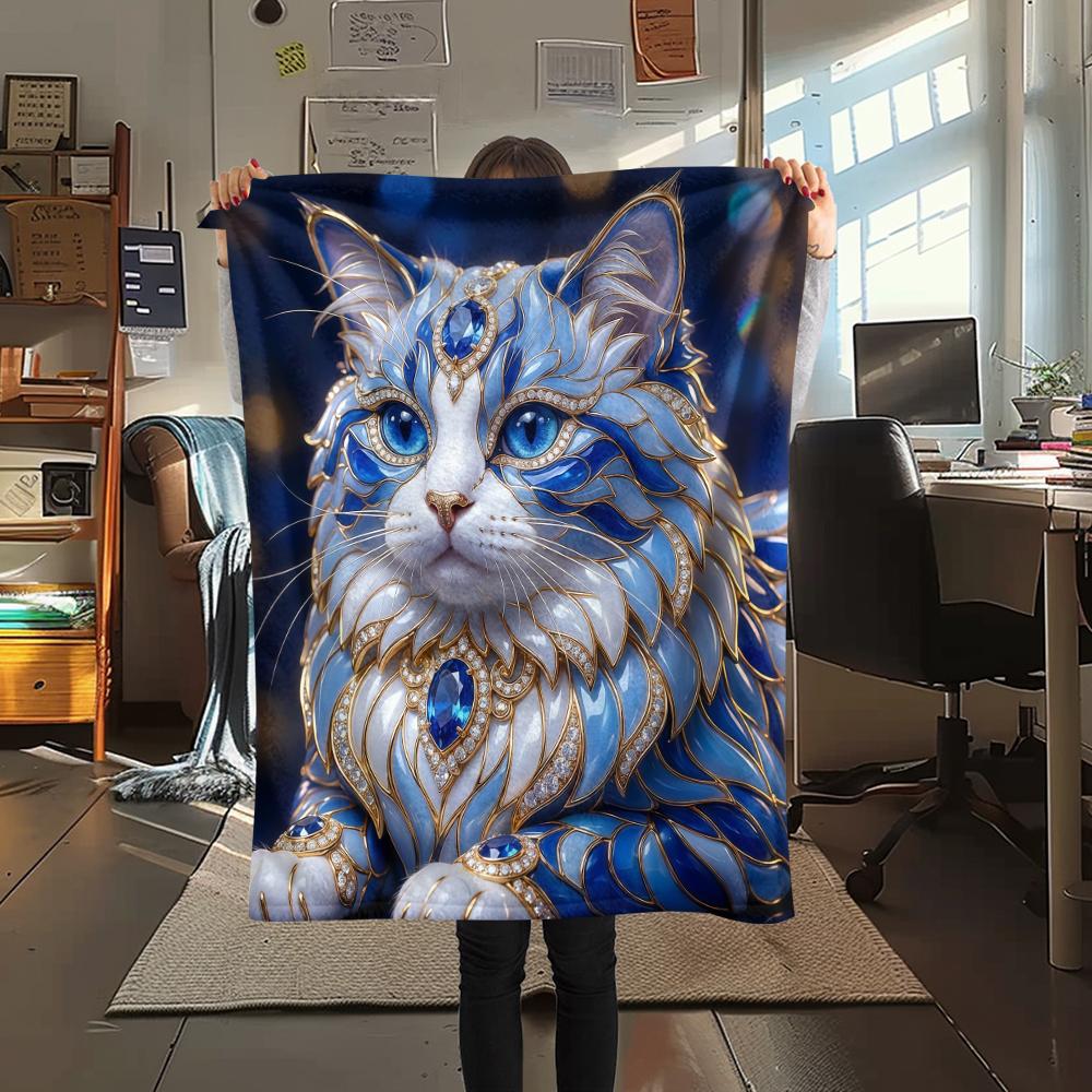 Фланелевое одеяло с принтом щенка и котенка с синими драгоценными камнями, Высокое качество, Комфортное для всех сезонов, Декор для дома, Тепло и уют, Идеально для рождественских подарков 80cm x 120cm