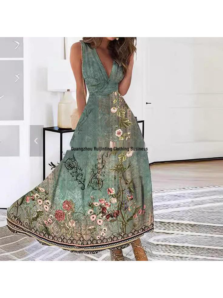 V-Neck High-Waist Sleeveless Print Dress Floral Pattern