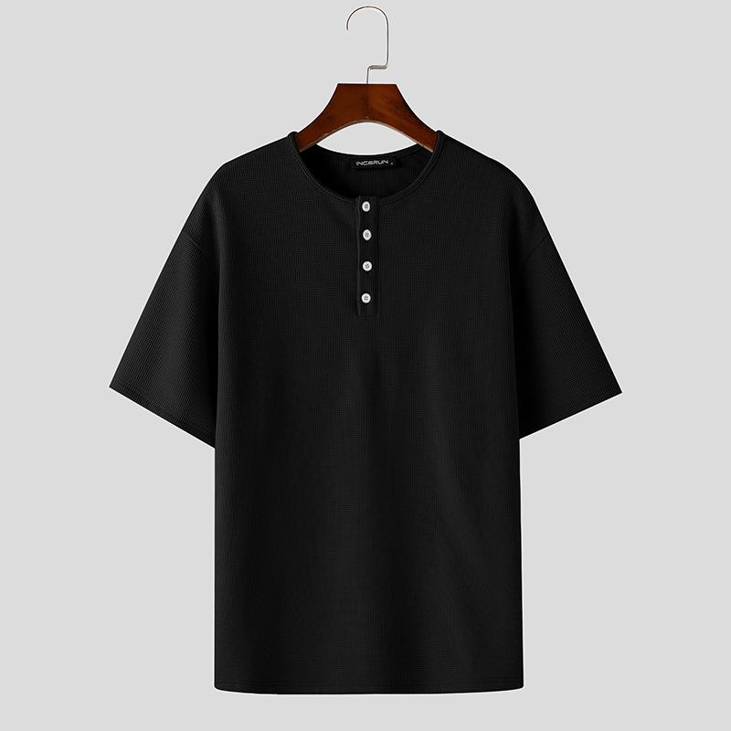 INCERUN Summer Men Short Sleeve Casual Loose Texture Henley T-shirts Tops