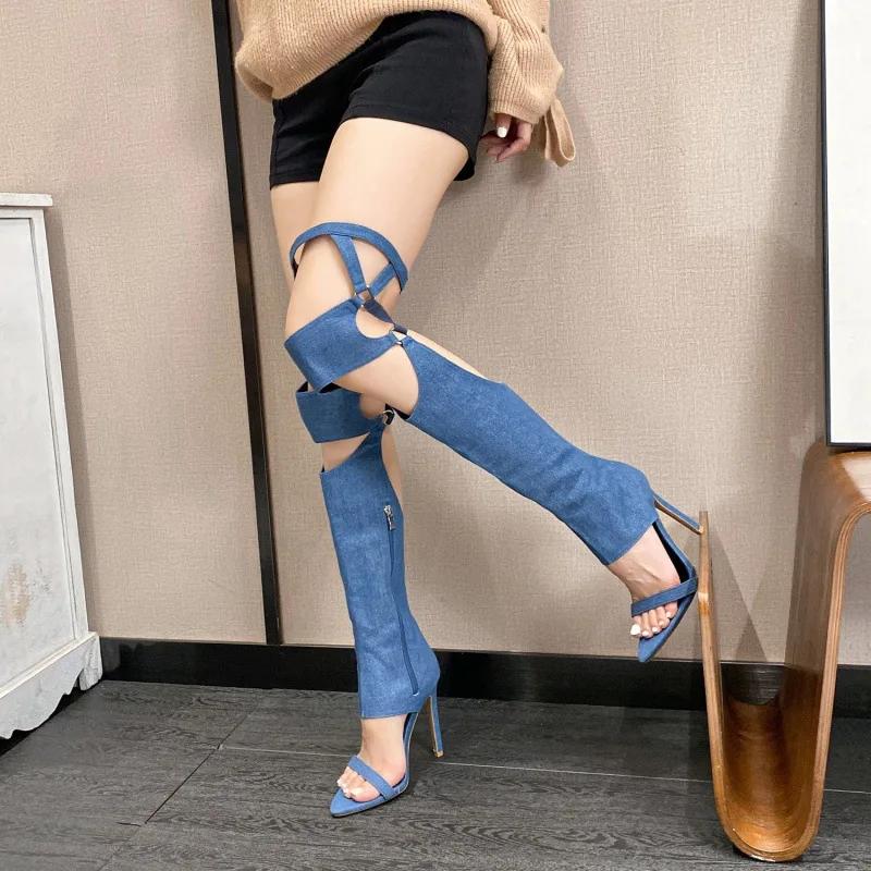 Fashion 2024 New Women's Shoes Sexy High Heel Cool Boots Denim Thin Heel Hollow Roman Sandals Large 42 Platform Sandals