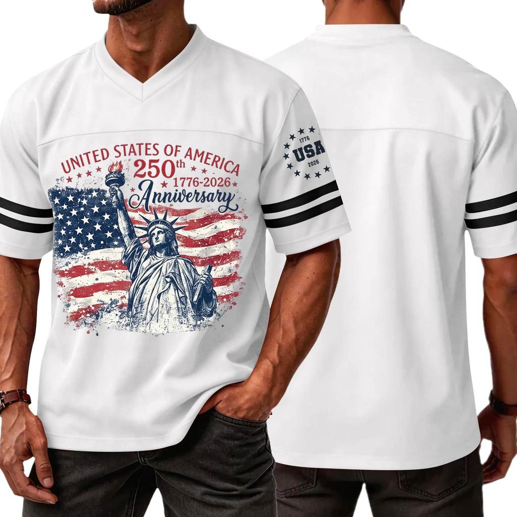 Mens V Neck Short Sleeve Jersey Style T Shirt with States 250th Anniversary Print and Flag Graphic