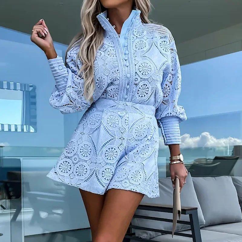 

Solid Color Stand Collar Lace Shorts Set Pure Color Stand Collar Lace Shorts Suit 04 Light Blue XL