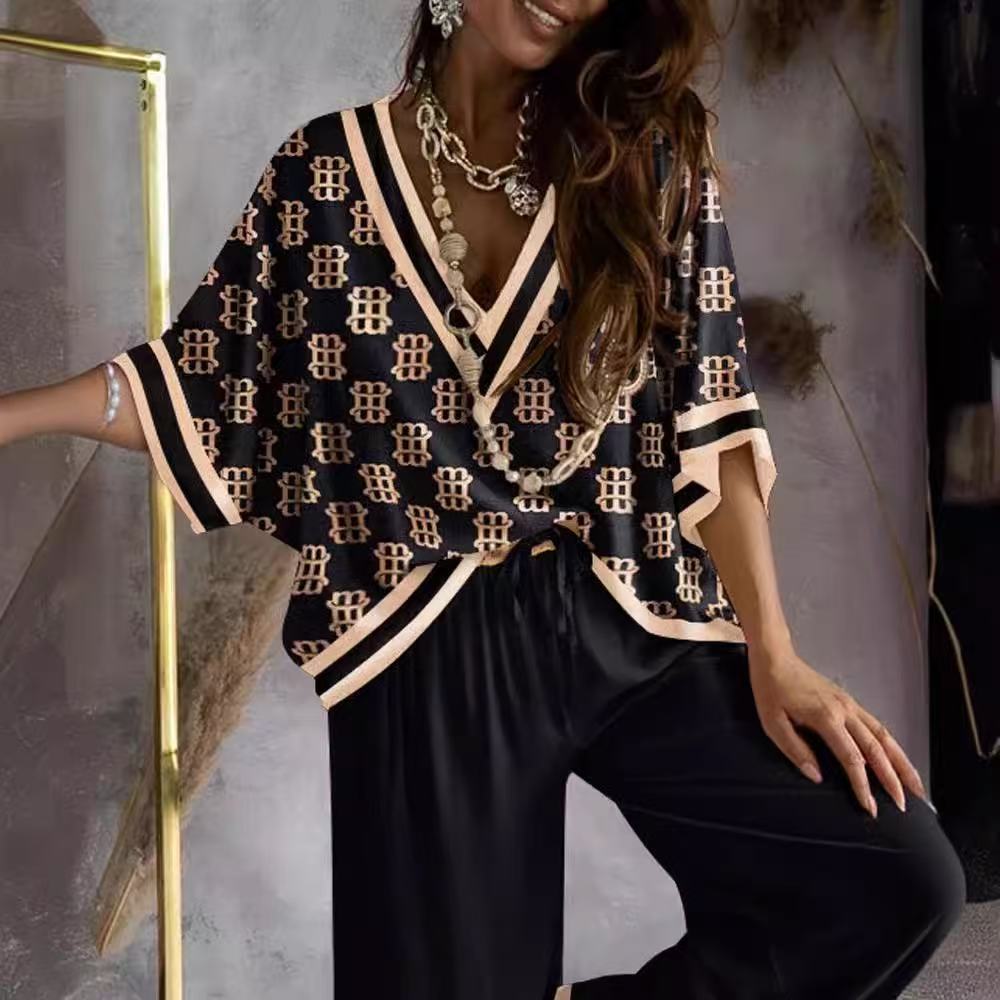 1116 New European and American Style V-neck Printed Bat-sleeved Wide-leg Pants Set Women's Casual Two-piece Set