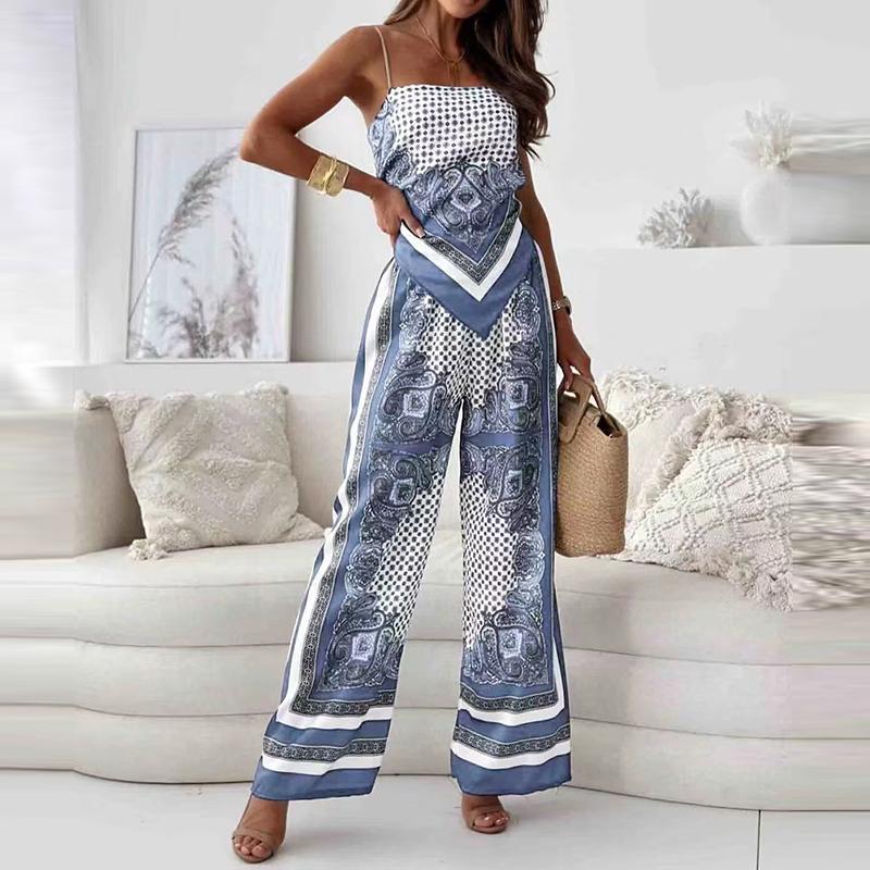 

Летняя женская мода Принтованный Топ без рукавов на бретелях с запахом на груди Сексуальный на бретелях С открытой спиной+Брючный комплект с позиционирующим цветком Комплект из двух предметов M светло-синий