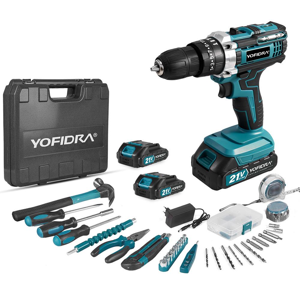 Yofidra 60N.M L 25+3 Torque Electric Impact Dril Cordless Electric Screwdriver With 32/53PCS Tool Kit Power Tool For 21V Battery