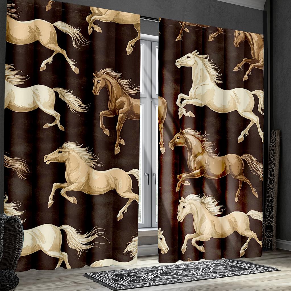 2pcs Wild Stallion Curtains - Galloping Western Horse Design   Insulated Polyester Drapes for Bedroom   Machine Washable   Semi-Tra