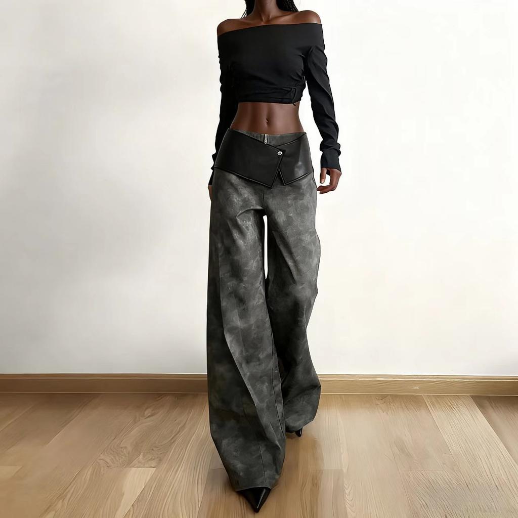 Functional wind cool girl retro tie-dye loose casual pants women's PU leather high waist thin straight pants tide
