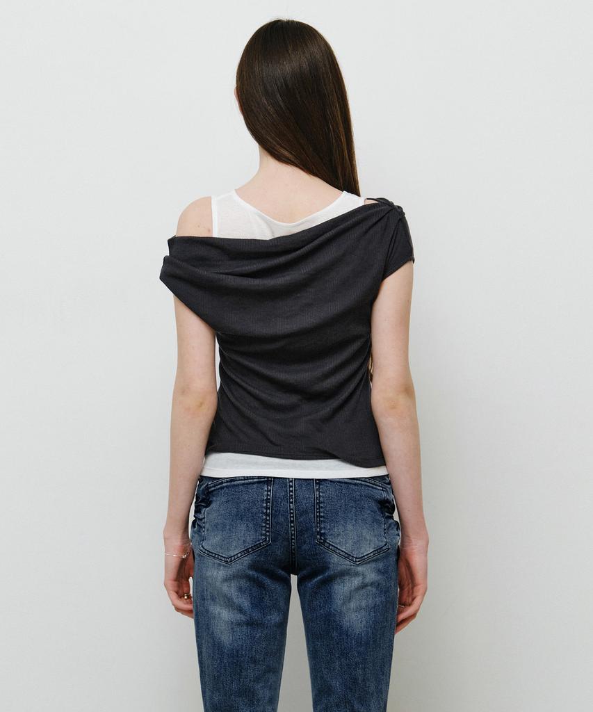 MONGDOL Double Layered One-Shoulder T-Shirt Charcoal Mdts093Charcoal
