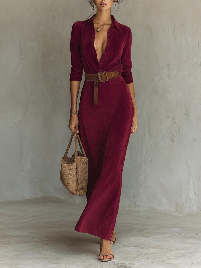 2025 Autumn/Winter Suede Plush Waist-Cinching Belted Shirt Dress