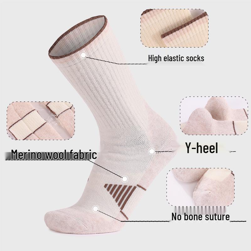 Men's and Women's Thickened Merino Wool Hiking Socks: Non-slip, Wear-resistant, Mid-tube Design.
