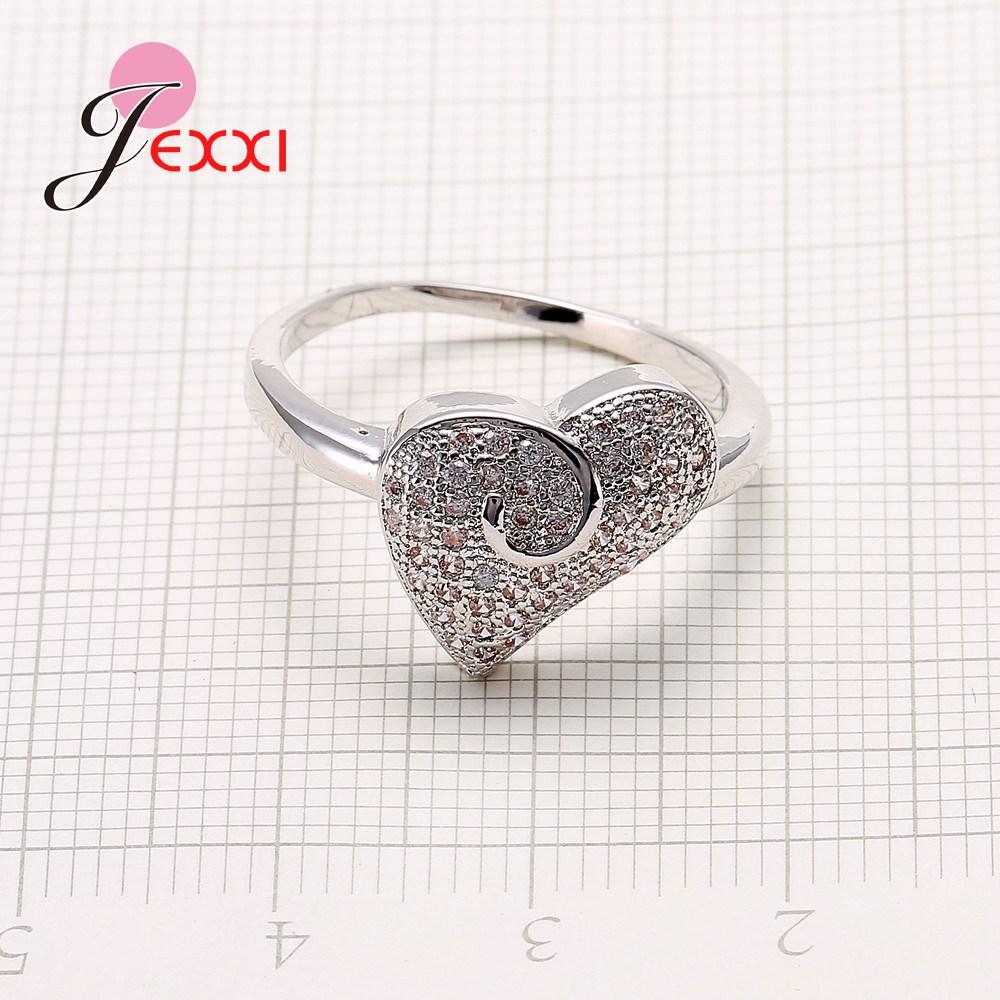 Romantic Trendy Rings For Women Heart Shape Full Clear Cubic Zircon 925 Sterling Silver Color Wedding Anniversary Rings Bijoux