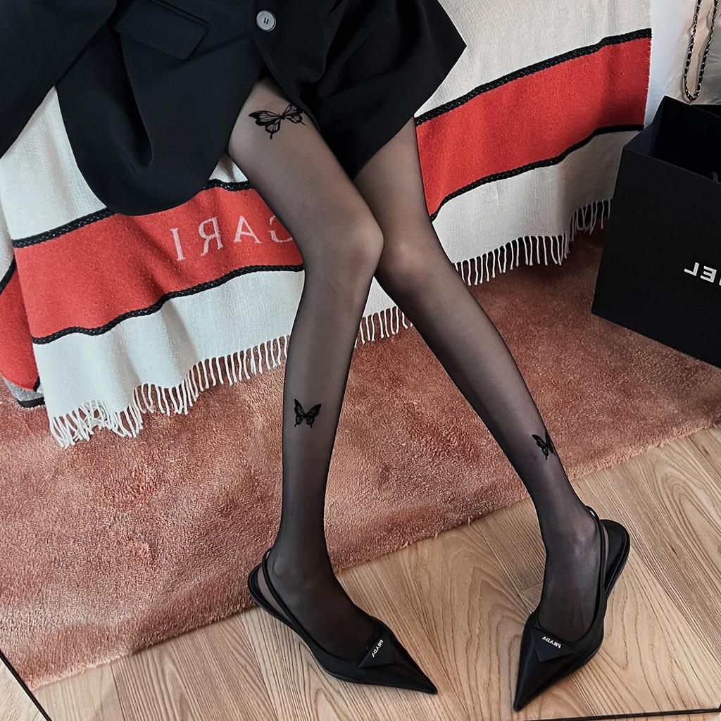 Elegant Black Silk Tattoo Print Bow Socks - Anti-Snagging, Sheer, & Stylish for Summer