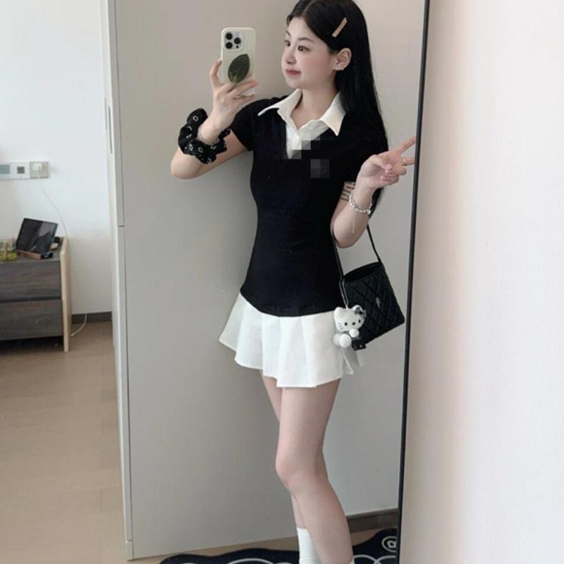 - Korean college style fake two-piece Polo collar dress summer American sweet and spicy waist and thin pleated short skirt