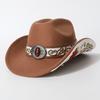 Autumn and winter fashion sun-shading wide-brimmed western cowboy hat with stylish rolled brim and ethnic-style decorative design felt hat