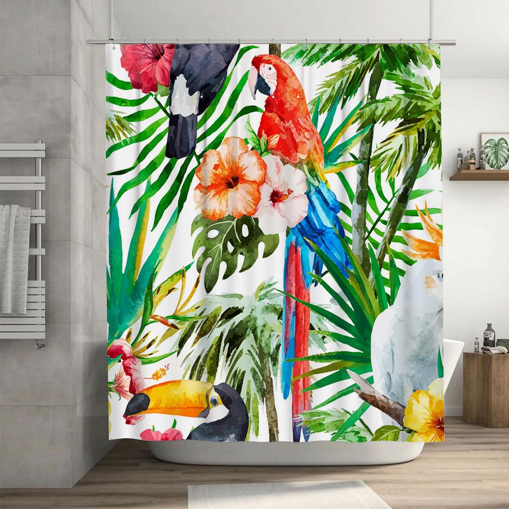 Bright Tropical Bird Shower Curtain Set with Green Leaves Perfect for Bathroom Decorations