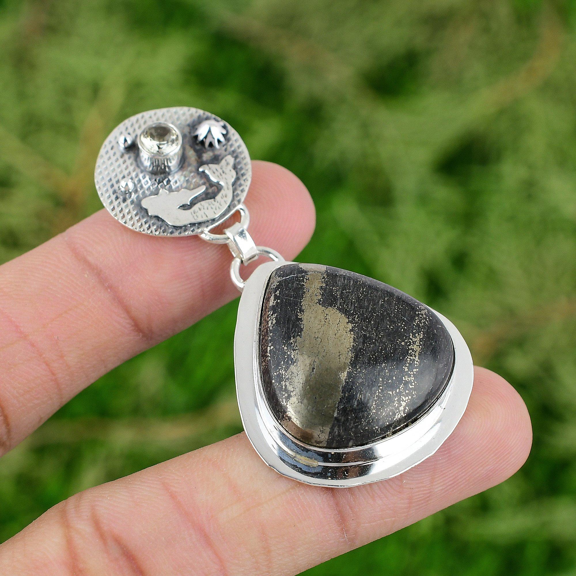 

925 Sterling Silver Pyrite Gemstone Green Amethyst Bezel Mermaid Pendant Jewelry